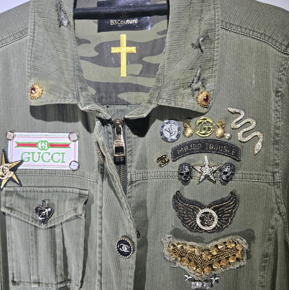 Military jacket size xl, designer inspired patchwork jacket, womens - Picture 7 of 11